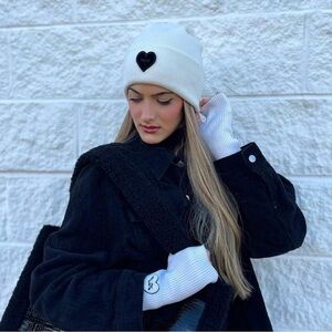 New JoyLab Tan Knit Beanie with Black Heart Accent Hat Winter Preppy Graphic